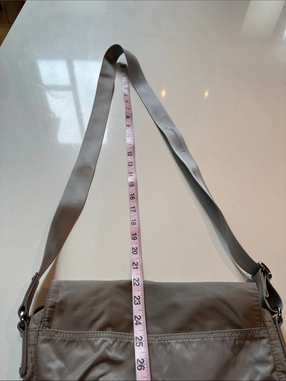 Vintage Longchamp Messenger Bag Crossbody with Branded Strap, Grey Taupe, Nylon